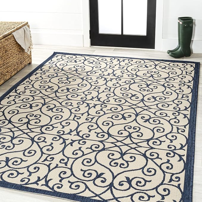 JONATHAN Y Vintage Filigree Indoor Outdoor Area Rug 8X10 Navy/Beige, Madrid - Image 3