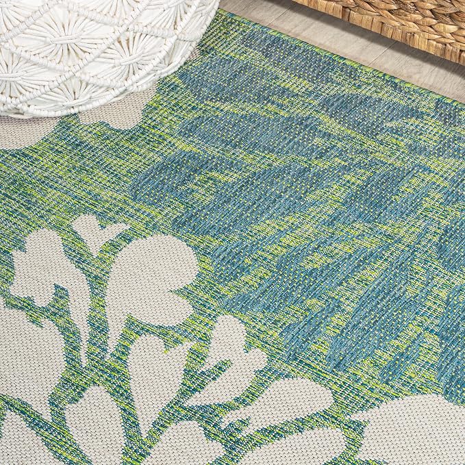 JONATHAN Y Floral Textured Weave Indoor Outdoor Square Area Rug 5X5 Cream/Green - Image 3