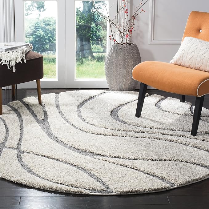 Safavieh Florida Shag Collection 8' Round Cream/Grey SG471 Abstract Wave by Unknown