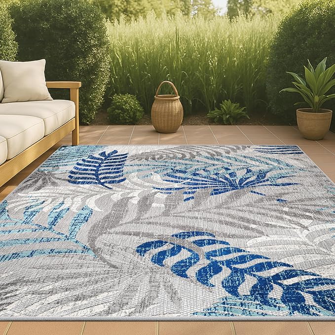 JONATHAN Y Tropics Palm Leaves Indoor Outdoor Area Rug 3X5 Gray/Blue, Boho - Image 4