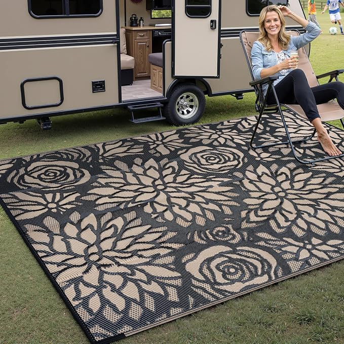Outdoor Plastic Straw Rug Waterproof Patio 6x9 Black Brown Floral Mat - Image 3