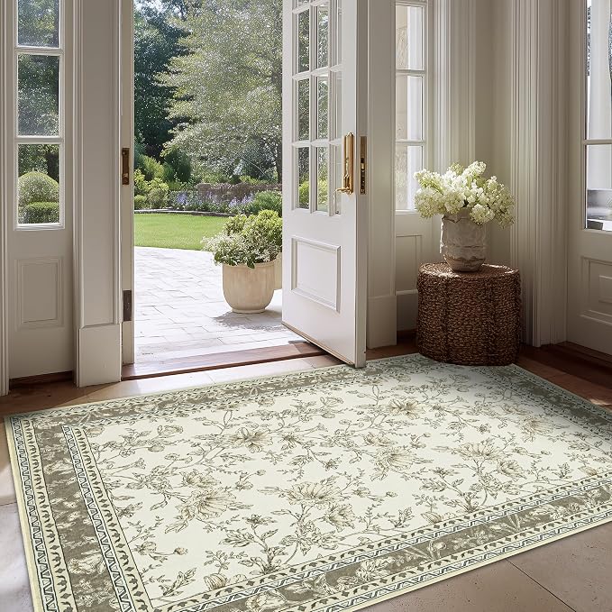 Beige Taupe Floral Area Rug for Entryway 2x3 Washable Small Rug Low Pile Non by BILEEHOME