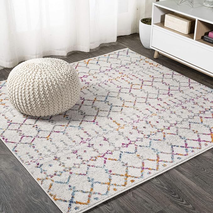 JONATHAN Y Boho Vintage Diamond Ivory/Multi Square Area Rug 5X5 ft, Moroccan by JONATHANY