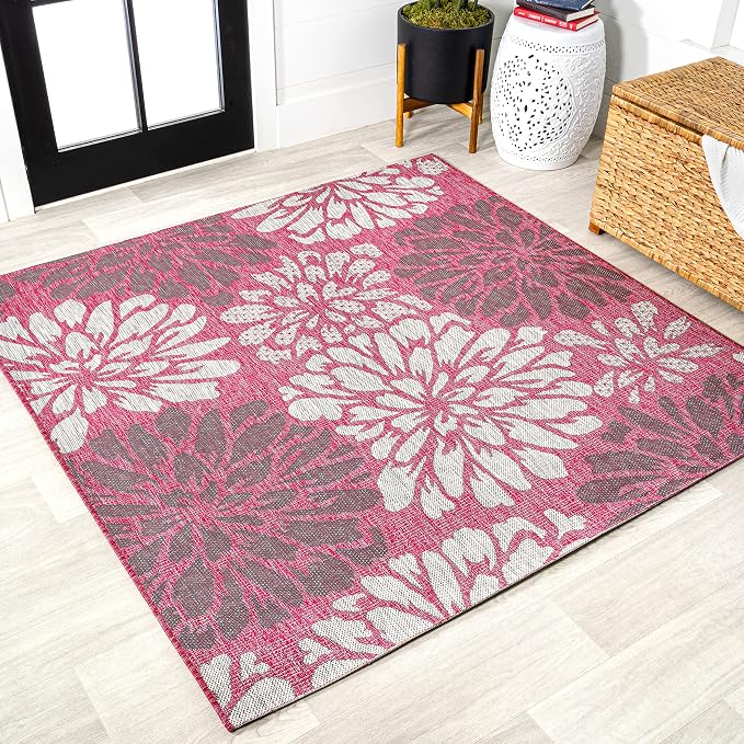 JONATHAN Y Floral Textured Weave Indoor Outdoor Square Area Rug 5X5 by JONATHANY