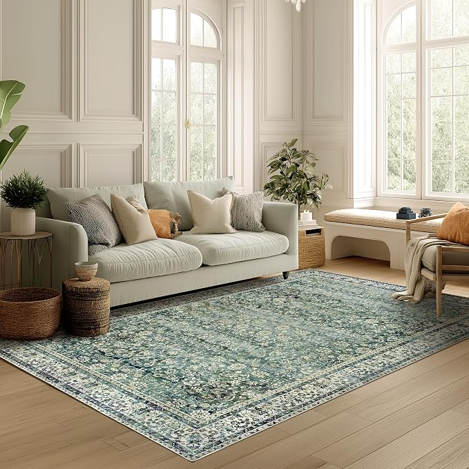 Blue and Green 5x7 Area Rugs for Living Room Christmas Low Pile Soft Moody by BILEEHOME