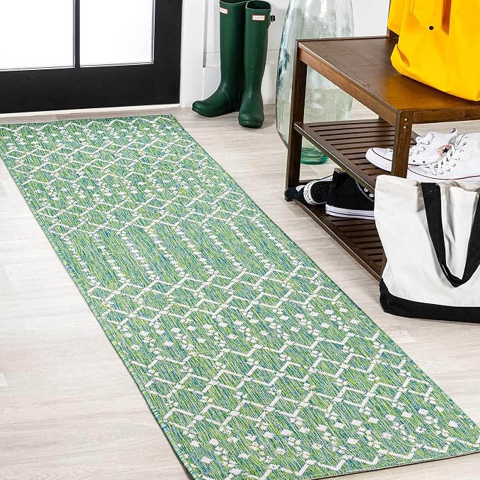 JONATHAN Y Moroccan Geometric Indoor Outdoor Runner Rug 2X10 Green/Cream by JONATHANY