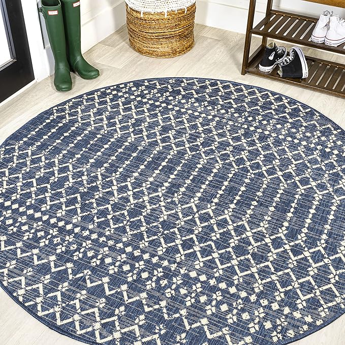 JONATHAN Y Moroccan Geometric Indoor Outdoor Round Area Rug 3 Ft Navy/Beige by JONATHANY