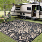 Outdoor Plastic Straw Rug Waterproof Patio 8x10 Black Brown Floral Mat - Image 3
