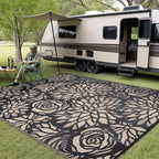Outdoor Plastic Straw Rug Waterproof Patio 9x12 Black Brown Floral Mat - Image 3