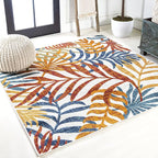 JONATHAN Y Tropics Palm Leaves Indoor Outdoor Square Area Rug 5X5 Cream/Orange by JONATHANY