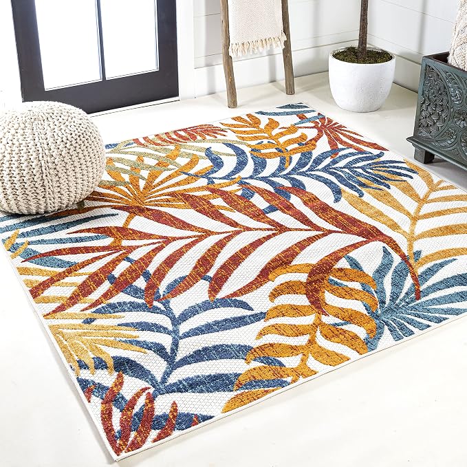 JONATHAN Y Tropics Palm Leaves Indoor Outdoor Square Area Rug 5X5 Cream/Orange by JONATHANY