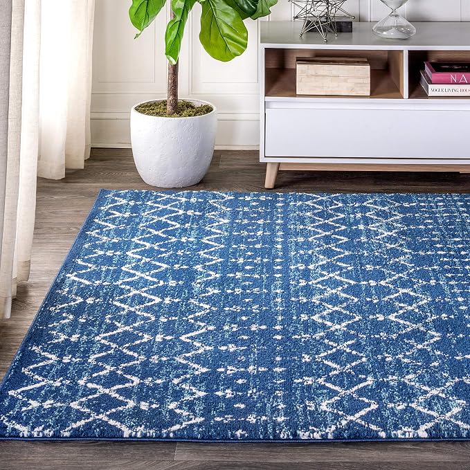 JONATHAN Y Boho Vintage Diamond Blue/White Indoor Area Rug 8X10 ft, Moroccan - Image 3