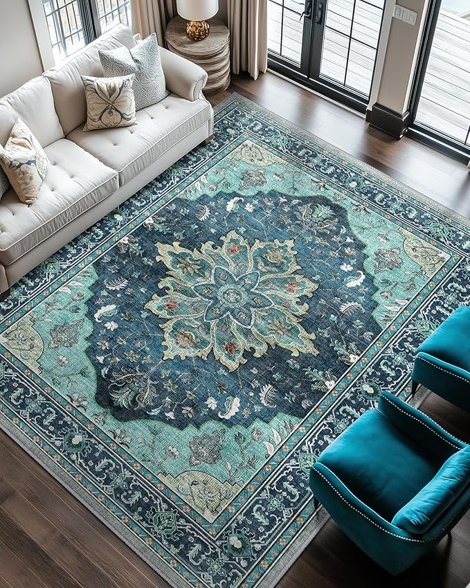 RELEANY Area Rugs 6'x8' Washable Non-Slip, Floral Vintage Distress Medallion by RELEANY