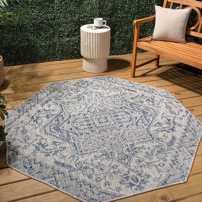 JONATHAN Y Boho Medallion Indoor Outdoor Octagon Area Rug 8 Ft Navy/Gray - Image 3