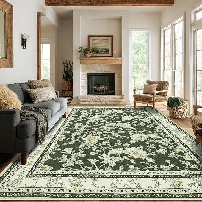 Olive Green Floral Print Area Rugs - Image 8