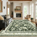 Olive Green Area Rugs 6x9 Living Room Washable Boho Vintage Sketch Floral Cream by BILEEHOME