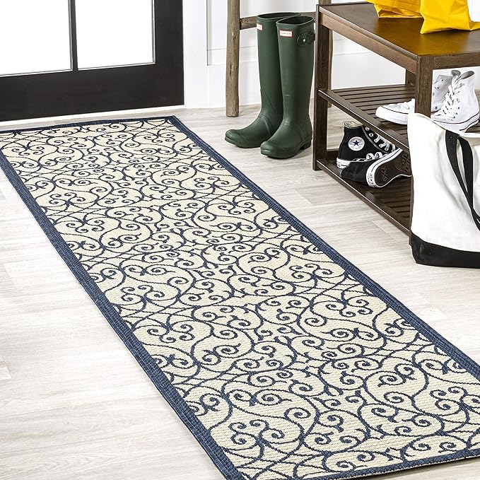 JONATHAN Y Vintage Filigree Indoor Outdoor Runner Rug 2X10 Navy/Beige, Madrid by JONATHANY