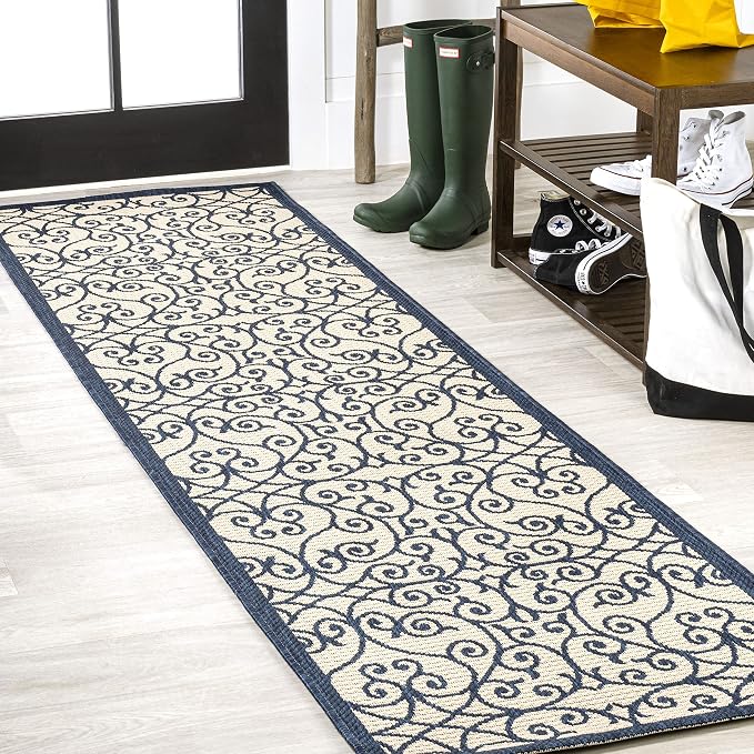 JONATHAN Y Vintage Filigree Indoor Outdoor Runner Rug 2X8 Navy/Beige, Madrid by JONATHANY