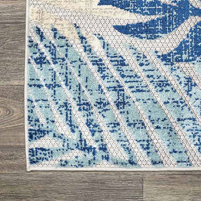 JONATHAN Y Tropics Palm Leaves Indoor Outdoor Round Area Rug 5 Ft Gray/Blue - Image 7