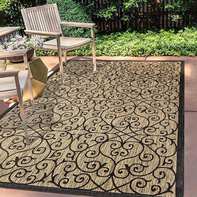 JONATHAN Y Vintage Filigree Indoor Outdoor Area Rug 5X8 Black/Khaki, Madrid - Image 3