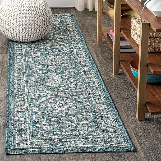 JONATHAN Y Boho Medallion Indoor Outdoor Runner Rug 2X8 Teal/Gray, Malta by JONATHANY