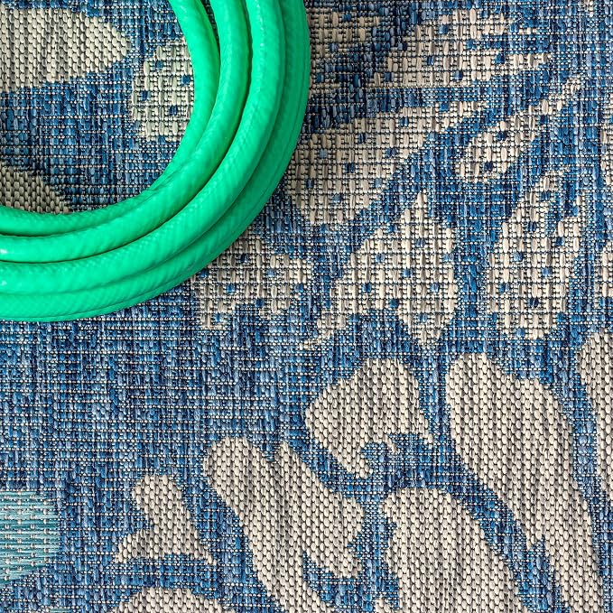 JONATHAN Y Floral Textured Weave Indoor Outdoor Square Area Rug 6X6 Navy/Aqua - Image 4