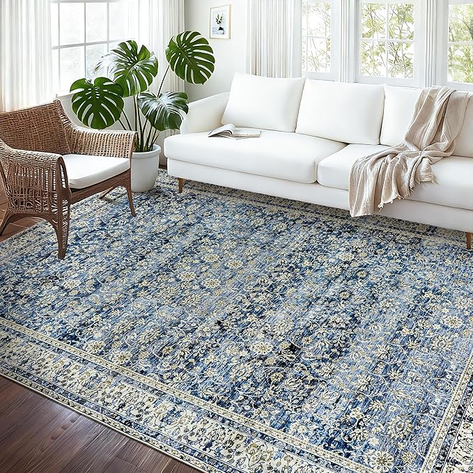 Large Area Rug for Living Room Vintage Blue Non Slip Washable Rugs 9x12 Neutral - Image 8