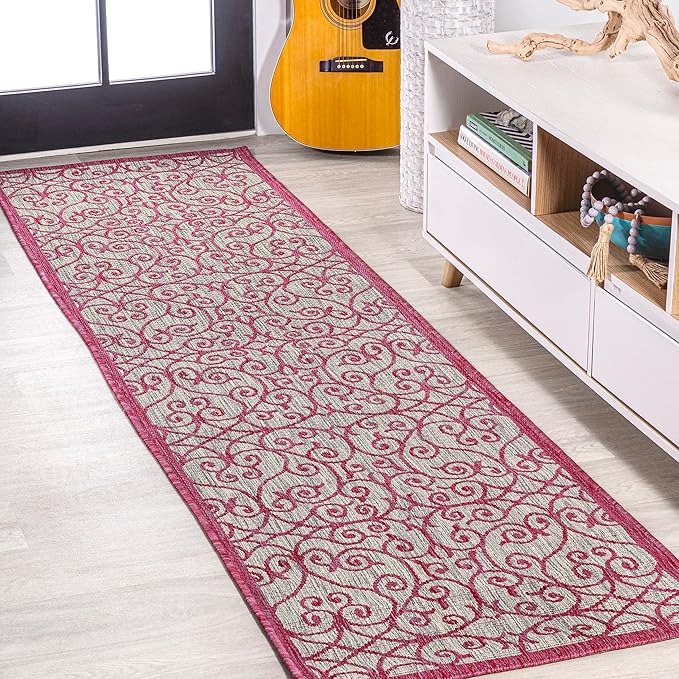 JONATHAN Y Vintage Filigree Indoor Outdoor Runner Rug 2X10 Light Gray/Fuchsia by JONATHANY