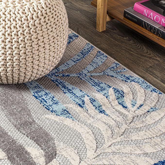 JONATHAN Y Tropics Palm Leaves Indoor Outdoor Area Rug 5X8 Gray/Blue, Boho - Image 7