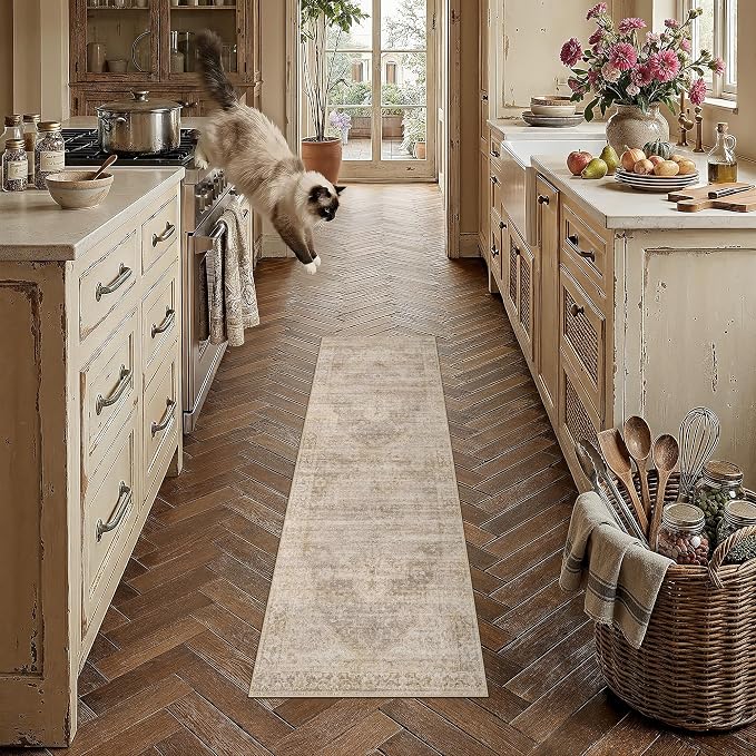 2x6 Washable Neutral Runner Rug Beige Vintage Hallway Kitchen Carpet Non-Slip by WondRg