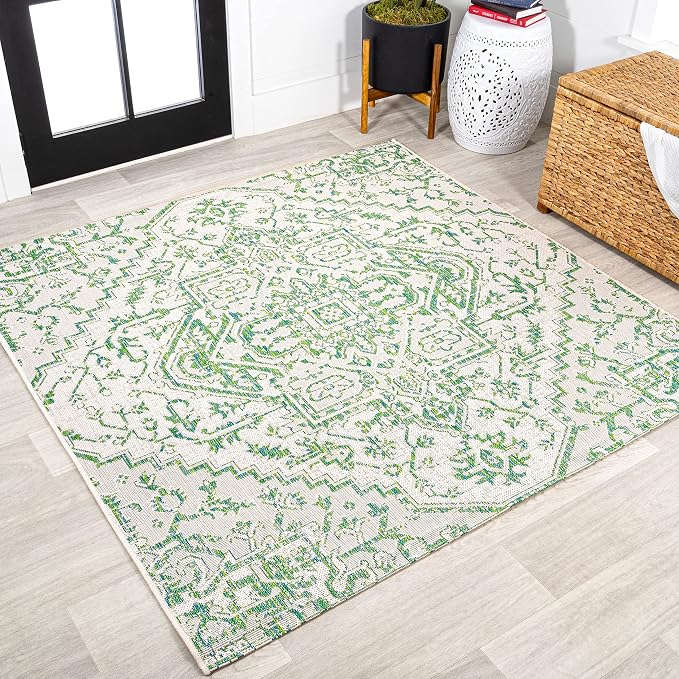 JONATHAN Y Boho Medallion Indoor Outdoor Square Area Rug 5X5 Green/Cream by JONATHANY