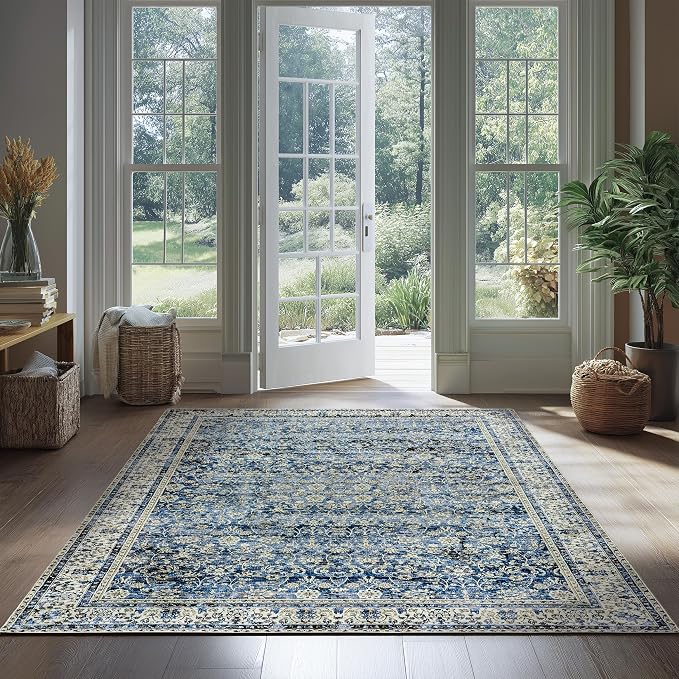 Machine Washable Area Rugs 4x6 Blue Low Pile Soft Carpet - Image 5