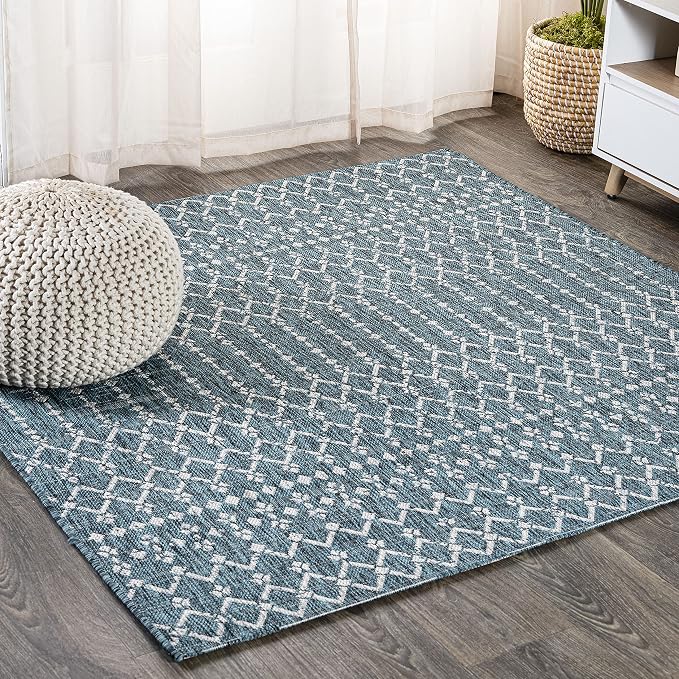 JONATHAN Y Moroccan Geometric Indoor Outdoor Square Area Rug 8X8 Teal/Gray by JONATHANY