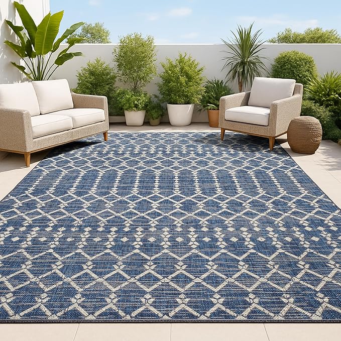 JONATHAN Y Moroccan Geometric Indoor Outdoor Area Rug 8X10 Navy/Beige, Ourika by JONATHANY
