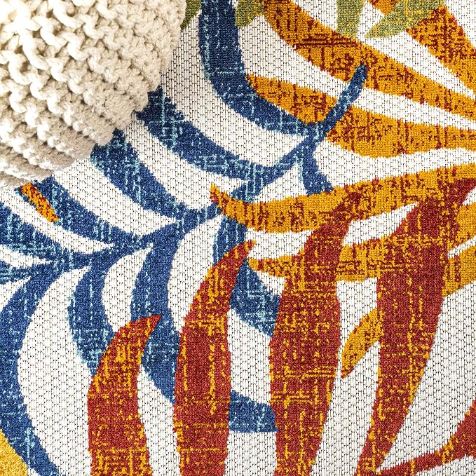 JONATHAN Y Tropics Palm Leaves Indoor Outdoor Square Area Rug 5X5 Cream/Orange - Image 4