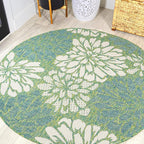 JONATHAN Y Floral Textured Weave Indoor Outdoor Round Area Rug 4 Ft Cream/Green by JONATHANY