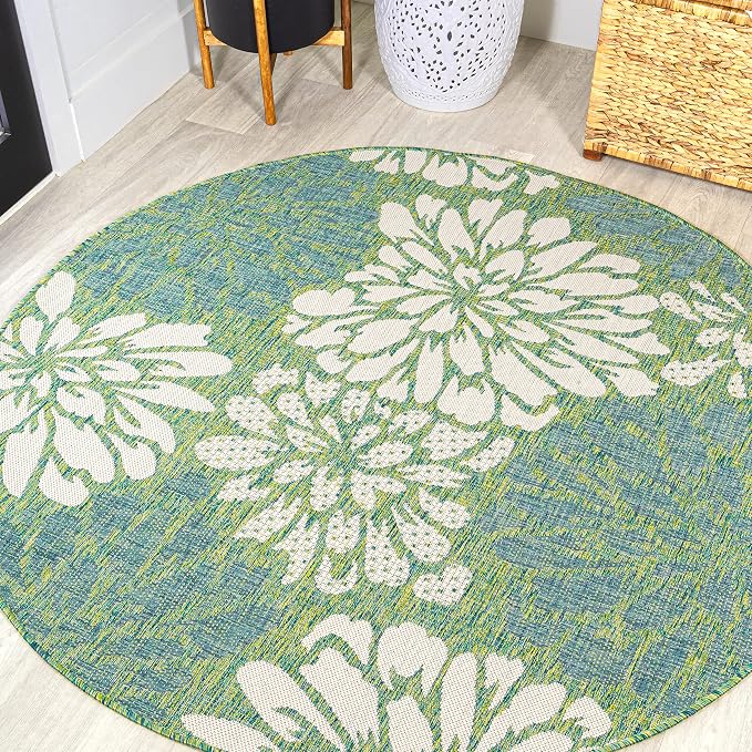 JONATHAN Y Floral Textured Weave Indoor Outdoor Round Area Rug 4 Ft Cream/Green by JONATHANY