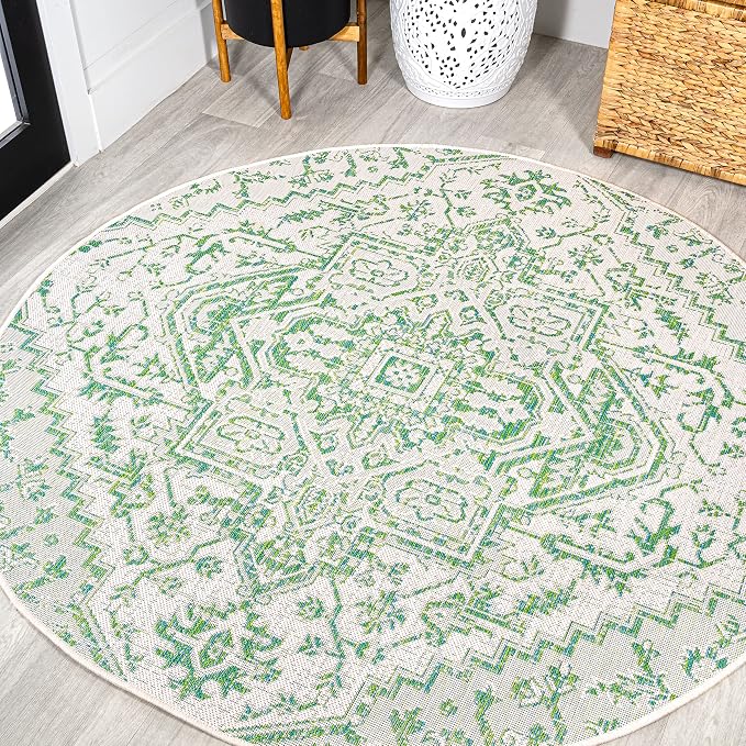 JONATHAN Y Boho Medallion Indoor Outdoor Round Area Rug 5 Ft Green/Cream by JONATHANY