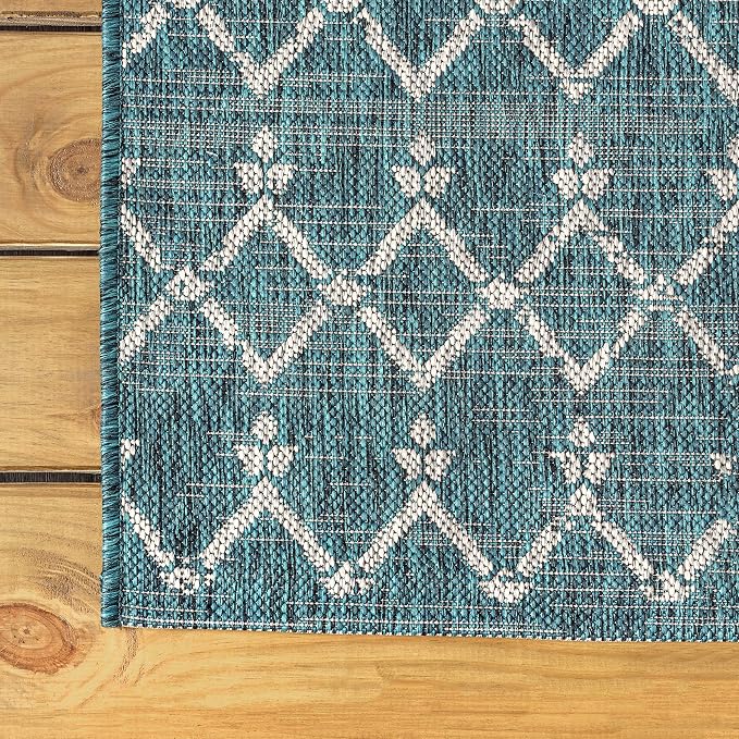 JONATHAN Y Moroccan Geometric Indoor Outdoor Round Area Rug 9 Ft Teal/Gray - Image 7