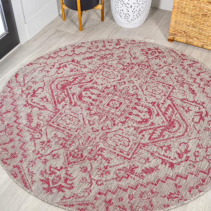 JONATHAN Y Boho Medallion Indoor Outdoor Round Area Rug 5 Ft Light Gray/Fuchsia by JONATHANY