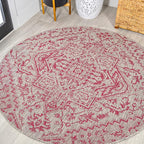 JONATHAN Y Boho Medallion Indoor Outdoor Round Area Rug 5 Ft Light Gray/Fuchsia by JONATHANY