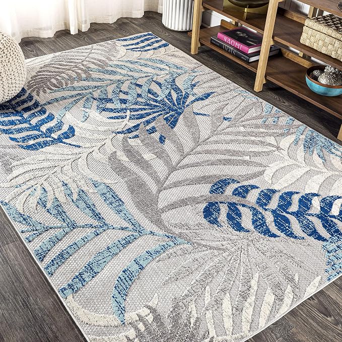 JONATHAN Y Tropics Palm Leaves Indoor Outdoor Area Rug 5X8 Gray/Blue, Boho - Image 5
