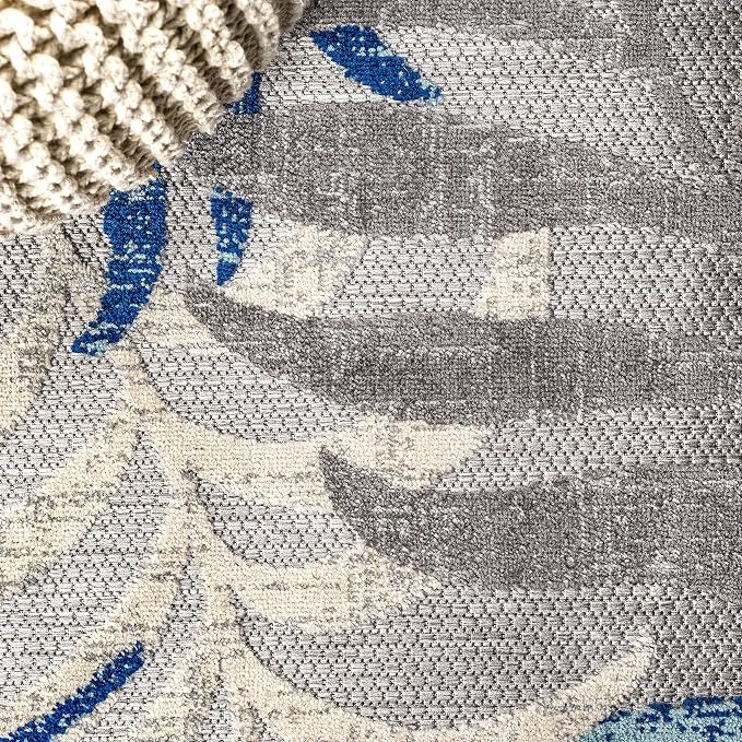 JONATHAN Y Tropics Palm Leaves Indoor Outdoor Square Area Rug 6X6 Gray/Blue - Image 4
