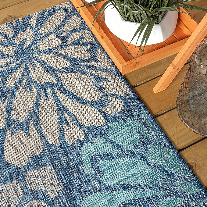 JONATHAN Y Floral Textured Weave Indoor Outdoor Square Area Rug 4X4 Navy/Aqua - Image 4