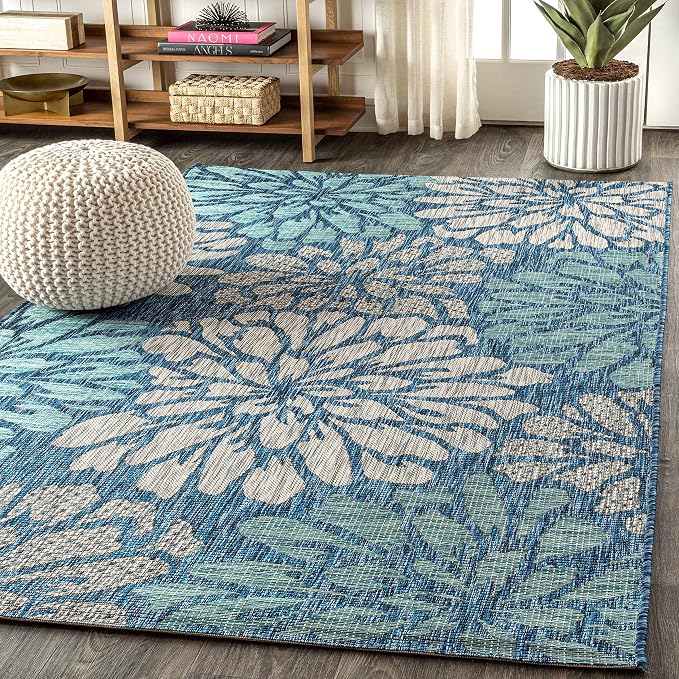 JONATHAN Y Floral Textured Weave Indoor Outdoor Area Rug 5X8 Navy/Aqua - Image 3