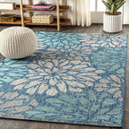 JONATHAN Y Floral Textured Weave Indoor Outdoor Area Rug 5X8 Navy/Aqua - Image 3